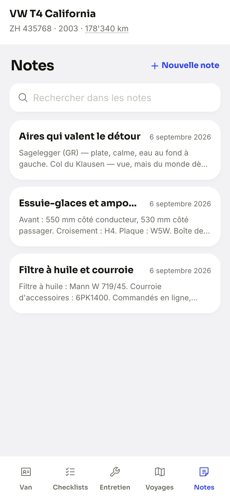 The Notes screen of MyVanPal: pitches worth the detour, wipers and bulbs, oil filter and belt