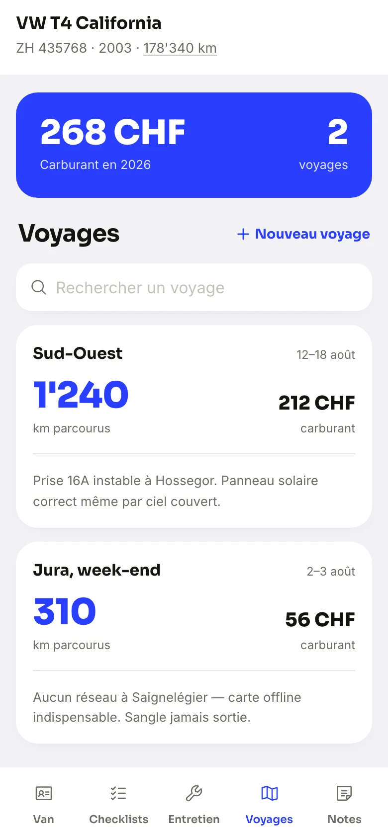 The Trips screen of MyVanPal: South-West 1,240 km, Jura weekend 310 km, with the fuel for each